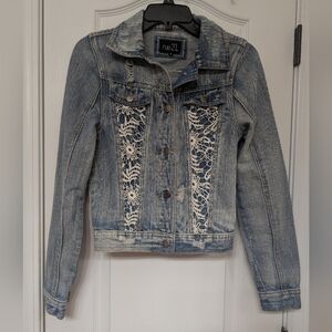 Rue21 Distressed Blue Jean Jacket with White Lace Detail